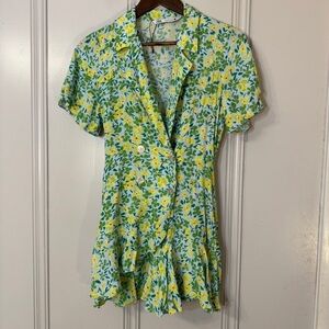 Zara Floral Romper‎ Green Yellow Blue Ruffle Dress Jumper Women's Size S Spring
